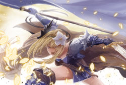 Rule 34 | 10s, 1girl, ahoge, armor, armored dress, banner, bent over, blonde hair, breasts, collarbone, d:, d:&lt;, dress, emoshon, flag, flower, frown, garter straps, granblue fantasy, hair between eyes, hair flower, hair ornament, hairband, highres, holding, holding sword, holding weapon, jeanne d&#039;arc (granblue fantasy), leaning forward, lily (flower), long hair, low-tied long hair, medium breasts, open mouth, petals, purple dress, purple eyes, short dress, solo, sword, teeth, v-shaped eyebrows, weapon