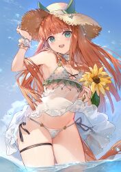 Rule 34 | 1girl, bare shoulders, bead bracelet, beads, bikini, blue eyes, blue sky, blunt bangs, blunt ends, bracelet, breasts, cleavage, cloud, commentary request, cowboy shot, flower, hat, highres, holding, holding flower, jewelry, kita (kitairoha), looking ahead, looking at viewer, open mouth, orange hair, outdoors, polka dot, polka dot bikini, scrunchie, silence suzuka (umamusume), sky, small breasts, smile, solo, straight-on, straw hat, sun hat, sunflower, swimsuit, thigh strap, umamusume, wading, water, white bikini, wrist scrunchie