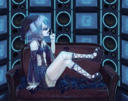 Rule 34 | 1girl, blue eyes, blue hair, boots, couch, cross-laced footwear, detached sleeves, fang, licking finger, flower, glasses, hat, highres, jakku, lace-up boots, lace legwear, licking, matching hair/eyes, original, rose, short hair, sitting, solo, speaker