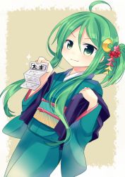 Rule 34 | &gt;:), 10s, 1girl, ahoge, alternate costume, alternate hairstyle, crescent, crescent hair ornament, flower, green eyes, green hair, hair flower, hair ornament, holding, holding paper, japanese clothes, kantai collection, kimono, nagasioo, nagatsuki (kancolle), omikuji, paper, v-shaped eyebrows, yukata