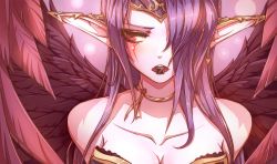 Rule 34 | 1girl, bare shoulders, beancurd, breasts, chocolate, cleavage, collar, collarbone, highres, jewelry, league of legends, long hair, morgana (league of legends), open mouth, purple hair, simple background, wings