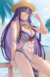 Rule 34 | 1girl, abs, absurdres, altina (fire emblem), beach, blue eyes, breasts, clothing cutout, commission, commissioner upload, covering own eyes, criss-cross halter, day, deras, fire emblem, fire emblem: radiant dawn, fire emblem heroes, grey one-piece swimsuit, grin, halterneck, hat, highres, large breasts, long hair, looking at viewer, muscular, muscular female, navel, navel cutout, neck tassel, nintendo, non-web source, official alternate costume, one-piece swimsuit, outdoors, purple hair, railing, sitting, smile, solo, straw hat, swimsuit, sword, teeth, very long hair, weapon, white one-piece swimsuit