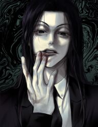 Rule 34 | 1boy, black eyes, black hair, black necktie, black suit, blood, blood on face, blood on hands, expressionless, formal, highres, hunter x hunter, illumi zoldyck, imar gg, long hair, long sleeves, looking at viewer, male focus, necktie, shirt, suit, upper body, white shirt