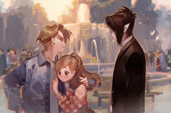 Rule 34 | 5girls, 6+boys, :o, arm around shoulder, bench, black hair, black jacket, blue shirt, blush, brown eyes, brown hair, brown shirt, closed mouth, collared shirt, commentary request, dark skin, dark-skinned male, day, dress shirt, earrings, fountain, grey shirt, heart, hetero, jacket, jewelry, kawacy, kiss, long hair, looking at another, multiple boys, multiple girls, open clothes, open shirt, original, outdoors, park bench, parted lips, pointy ears, ponytail, profile, shirt, smile, water, white shirt