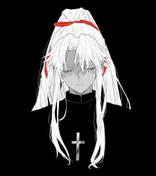 Rule 34 | 1boy, amakusa shirou (fate), amakusa shirou (third ascension) (fate), black background, closed eyes, closed mouth, commentary request, cross, cross necklace, fate/apocrypha, fate/grand order, fate (series), hair ribbon, highres, jewelry, long hair, long sleeves, male focus, monochrome, mutsu (621300), necklace, official alternate hairstyle, parted bangs, partially colored, ponytail, priest, red ribbon, ribbon, solo, upper body, very long hair