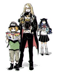 Rule 34 | 1girl, 3boys, aged down, baby, baby carry, baseball cap, black coat, black hair, black pants, blonde hair, blue hair, book, brown hair, carrying, coat, contemporary, daybit sem void, fate/grand order, fate (series), hand on another&#039;s head, hat, izcalli (fate), multiple boys, nobicco, pants, reading, scar, scar on face, scar on forehead, school uniform, sunglasses, tenochtitlan (fate), tezcatlipoca (fate)
