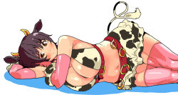 Rule 34 | 10s, 1girl, animal ears, animal print, bad id, bad pixiv id, bell, blush, breasts, brown eyes, brown hair, cicada0125, cleavage, collar, cow ears, cow girl, cow horns, cow print, cowbell, elbow gloves, gloves, headset, horns, huge breasts, idolmaster, idolmaster cinderella girls, large breasts, lying, midriff, navel, neck bell, oikawa shizuku, pink thighhighs, plump, puuyan, short hair, simple background, skirt, solo, thighhighs, white background