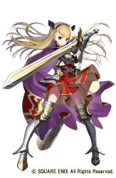 Rule 34 | 1girl, armor, armored boots, artist request, blonde hair, boots, breastplate, cape, copyright name, dress, full body, gauntlets, grey footwear, grimms notes, hairband, holding, holding weapon, long hair, looking at viewer, purple eyes, serious, short dress, simple background, solo, sword, thighhighs, weapon, white background, zettai ryouiki