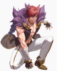Rule 34 | 1boy, abs, animal ears, bandaged arm, bandages, black jacket, braid, clenched hand, closed mouth, collarbone, commentary request, fur-trimmed jacket, fur trim, gold trim, highres, jacket, league of legends, male focus, mouth hold, muscular, muscular male, navel, on one knee, open clothes, open jacket, pants, red eyes, red hair, roring (loling), scar, scar on face, scar on nose, sett (league of legends), short hair, simple background, smile, white background, white pants
