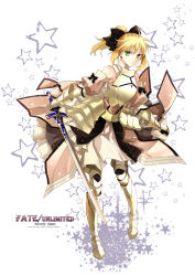 Rule 34 | 1girl, ahoge, armor, armored dress, artoria pendragon (fate), bare shoulders, blonde hair, bow, caliburn (fate), capcom, character name, copyright name, detached sleeves, dress, fate/stay night, fate/unlimited codes, fate (series), green eyes, hair bow, long hair, ponytail, saber (fate), saber lily, solo, sword, weapon, xingna