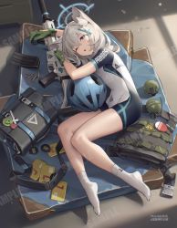 Rule 34 | 1girl, absurdres, animal ear fluff, animal ears, assault rifle, bag, bare legs, bilibili xiaolu, blue archive, blue eyes, bodysuit, cartridge, cross hair ornament, explosive, full body, gloves, green gloves, grenade, gun, hair between eyes, hair ornament, halo, highres, long hair, looking at viewer, lying, magazine (weapon), no shoes, on side, one eye closed, parted lips, rifle, sample watermark, school bag, shiroko (blue archive), shiroko (cycling) (blue archive), short sleeves, sig sauer 556, silver hair, socks, solo, thighs, watermark, weapon, white bodysuit, white socks