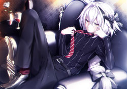 Rule 34 | 1boy, alternate eye color, alternate hair color, armchair, astolfo (fate), belt, belt buckle, bishounen, black pants, black ribbon, bottle, bow, braid, buckle, chair, closed mouth, collared shirt, cup, dark persona, dress shirt, drinking glass, fate/grand order, fate (series), flower, grey hair, hair bow, hand on own cheek, hand on own face, highres, leaning back, leg up, long hair, looking at viewer, male focus, necktie, pants, red necktie, ribbon, rose, shirt, single braid, sitting, solo, striped, striped necktie, table, takatun223, trap, vase, vertical stripes, wallpaper (object), watch, wine bottle, wine glass, wristwatch, yellow eyes