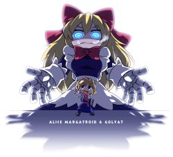 Rule 34 | 1girl, alice margatroid, blonde hair, blue eyes, book, bow, byourou, capelet, chibi, doll, dress, english text, engrish text, gauntlets, gloves, glowing, glowing eyes, goliath doll, hair bow, hairband, long hair, open mouth, outstretched arm, ranguage, red eyes, ribbon, short hair, simple background, smile, solo, touhou, weapon, white background