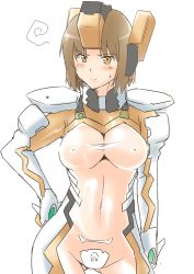 Rule 34 | 1girl, blush, bodysuit, breasts, brown eyes, brown hair, cosmic break, covered erect nipples, covered navel, fortified suit, halcon, muv-luv, rei (cosmic break), see-through, see-through bodysuit, short hair, simple background, solo, taut clothes, white background