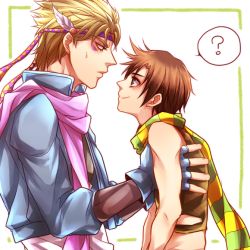 Rule 34 | 2boys, ?, bad id, bad pixiv id, blonde hair, blue eyes, blue jacket, blush, brown hair, caesar anthonio zeppeli, child, crop top, facial mark, feather hair ornament, feathers, fingerless gloves, gloves, green eyes, hair ornament, headband, height difference, jacket, jojo no kimyou na bouken, joseph joestar, joseph joestar (young), lonely one, male focus, midriff, multiple boys, scarf, sweatdrop, aged down