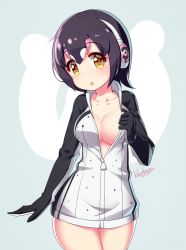 Rule 34 | 10s, 1girl, artist name, black hair, blueberry (5959), blush, breasts, chestnut mouth, collar, commentary request, hair between eyes, headphones, highres, hood, hoodie, humboldt penguin (kemono friends), jacket, kemono friends, long sleeves, looking at viewer, medium breasts, multicolored hair, naked hoodie, no bra, no panties, open clothes, open mouth, short hair, solo, two-tone hair, yellow eyes, zipper