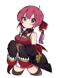 Rule 34 | 1girl, black thighhighs, brooch, cowboy shot, cropped legs, heterochromia, highres, hololive, houshou marine, jacket, jacket partially removed, jewelry, jig olo, long hair, looking at viewer, pleated skirt, red eyes, red hair, red neckwear, red skirt, red vest, simple background, skirt, solo, thighhighs, twintails, vest, virtual youtuber, white background, yellow eyes