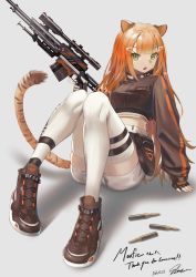 Rule 34 | 1girl, absurdres, animal ears, ankle boots, bipod, black jacket, blunt bangs, boots, breasts, bullet, character name, commission, cropped jacket, dated, fang, fingerless gloves, gloves, green eyes, gun, hair ornament, hairclip, highres, huge filesize, indie virtual youtuber, ioriwu8, jacket, long hair, looking at viewer, moofie (vtuber), navel, open mouth, orange hair, rifle, scope, shoes, shorts, sitting, solo, tail, thighhighs, tiger ears, tiger girl, tiger tail, triangle hair ornament, trigger discipline, very long hair, virtual youtuber, weapon, white shorts