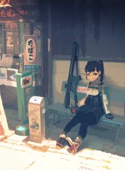 Rule 34 | 1girl, assault rifle, bench, black eyes, black hair, black skirt, boots, bottle, breasts, day, english text, explosive, gloves, grenade, gun, hair ribbon, highres, holding, holding bottle, kiosk, looking at viewer, medium breasts, pantyhose, rias-coast, ribbon, rifle, shadow, shirt, sitting, skirt, smile, smoke grenade, solo, sunlight, trash can, twintails, weapon