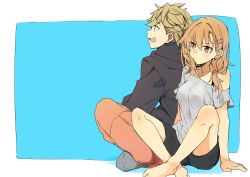 Rule 34 | 1boy, 1girl, :/, blonde hair, blue eyes, blush, brown eyes, brown hair, closed mouth, earrings, grey shirt, hair ornament, hairclip, highres, hood, hoodie, indian style, jewelry, kazenoko, looking at another, looking to the side, loungewear, low ponytail, off shoulder, open mouth, original, pout, shirt, shorts, side ponytail, sitting, smile, spaghetti strap, teeth
