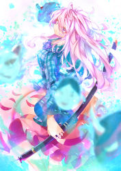 Rule 34 | 1girl, absurdres, blue shirt, blurry, blurry background, blurry foreground, breasts, bubble skirt, calpis118, closed mouth, feet out of frame, from behind, hata no kokoro, highres, long hair, long sleeves, looking back, no mask, pink eyes, pink hair, plaid, plaid shirt, sheath, shirt, skirt, small breasts, solo, touhou