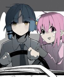 Rule 34 | 2girls, absurdres, blue hair, blush, bocchi the rock!, brown eyes, car interior, chainsaw man, commentary, crying, cube hair ornament, driving, english commentary, expressionless, eyes visible through hair, gotoh hitori, grey necktie, hair ornament, hairclip, highres, jacket, machuuu68, meme, multiple girls, necktie, one side up, parody, pink hair, pink jacket, power crashes kobeni&#039;s car (meme), smile, tears, track jacket, triangle mouth, yamada ryo