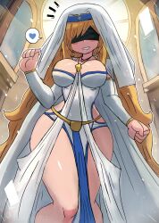 Rule 34 | 1girl, absurdres, blindfold, blonde hair, blush, breasts, cape, church, collarbone, detached sleeves, dress, goblin slayer!, grin, habit, heart, highres, jewelry, large breasts, light rays, long hair, long sleeves, looking at viewer, necklace, sleeveless, sleeveless dress, smile, sparkle, speech bubble, spoken heart, standing, sunbeam, sunlight, sword maiden, teeth, thick thighs, thighs, tony welt, white cape, white dress, white headwear, wide hips, window