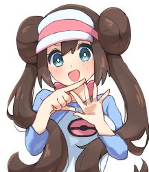 Rule 34 | 1girl, :d, blush, bow, bright pupils, brown hair, commentary, creatures (company), double bun, doughnut hair bun, game freak, green eyes, hair bun, hands up, happy, highres, looking at viewer, nintendo, open mouth, pink bow, pokemon, pokemon bw2, raglan sleeves, rosa (pokemon), shirt, simple background, smile, solo, spread fingers, twintails, uchiyasa, upper body, visor cap, white background, white pupils
