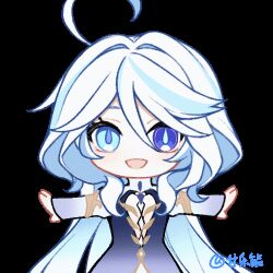 Rule 34 | 1girl, :3, ahoge, animated, animated gif, armlet, blue dress, blush, chibi, closed eyes, dress, furina (genshin impact), gan le buneng, genshin impact, long hair, looking at viewer, looping animation, lowres, multicolored hair, open mouth, sidelocks, smile, solo, spinning, streaked hair, transparent background, very long hair, white hair