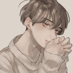Rule 34 | 1boy, brown eyes, brown hair, hair between eyes, highres, looking at viewer, male focus, mole, mole on neck, mole under eye, original, own hands clasped, own hands together, parted lips, short hair, simple background, solo, soramame, sweater, upper body