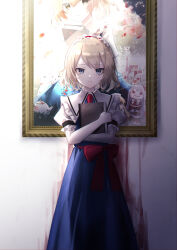 Rule 34 | 1girl, absurdres, alice margatroid, alice margatroid (pc-98), blonde hair, blood, blood on wall, blue dress, blue eyes, book, closed mouth, drawing (object), dress, frilled sleeves, frills, grimoire of alice, hairband, highres, holding, holding book, lolita hairband, looking at viewer, puffy short sleeves, puffy sleeves, red hairband, rokuya (68 zusao), shinki (touhou), short hair, short sleeves, signature, solo, touhou, touhou (pc-98), yumeko (touhou)
