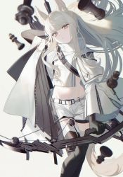 Rule 34 | 1girl, arknights, belt, bike shorts, bike shorts under shorts, black gloves, black thighhighs, blurry, blurry foreground, bow (weapon), breasts, chess piece, closed mouth, coat, commentary, compound bow, cowboy shot, depth of field, expressionless, floating hair, gloves, grey background, highres, holding, holding bow (weapon), holding weapon, ji mag (artist), long hair, looking at viewer, midriff, navel, platinum (arknights), quiver, short shorts, shorts, silver hair, simple background, small breasts, solo, straight hair, strap, thighhighs, unzipped, weapon, white belt, white coat, white shorts, yellow eyes, zettai ryouiki, zipper