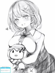 Rule 34 | 1girl, anger vein, blush, breast press, breasts, dual persona, greyscale, hair ornament, head tilt, heart, high-waist skirt, highres, hololive, hololive english, large breasts, leaning forward, looking at viewer, monochrome, nanashi (nlo), necktie, plaid, plaid skirt, short necktie, simple background, skirt, smile, smol ame, virtual youtuber, watson amelia, white background