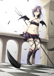 Rule 34 | 10s, 1girl, arch, armlet, bare shoulders, bat wings, black feathers, boots, breasts, checkered floor, column, cross-laced clothes, cross-laced legwear, demon girl, demon horns, feathers, gabriel dropout, gloves, hair ornament, hallelujah essaim, high heels, highres, horns, looking away, midriff, navel, o-ring, o-ring top, parted lips, pillar, polearm, purple eyes, purple hair, sak (pixiv), short hair, signature, skirt, small breasts, solo, topknot, trident, vignette tsukinose april, weapon, wings, x hair ornament