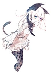 Rule 34 | 1girl, animal ears, blue eyes, bow, cat ears, cat tail, heterochromia, highres, lace, lace-trimmed skirt, lace-trimmed sleeves, lace trim, leaning forward, looking at viewer, muted color, original, pale color, print thighhighs, puffy sleeves, purple eyes, riuichi, shirt, simple background, sketch, skirt, solo, striped clothes, striped shirt, striped skirt, tail, thighhighs, wavy mouth, white background, white hair, zettai ryouiki