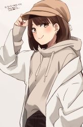 Rule 34 | 1girl, arm up, black pants, blush, bob cut, brown eyes, brown hair, brown hat, brown hoodie, cabbie hat, closed mouth, commentary request, drawstring, earrings, grey background, hand on headwear, hat, highres, hood, hood down, hoodie, jacket, jewelry, kapatarou, long sleeves, looking at viewer, nail polish, off shoulder, open clothes, open jacket, original, pants, red nails, simple background, sleeves past wrists, smile, solo, stud earrings, translation request, white jacket