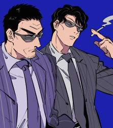 Rule 34 | 2boys, black eyes, black hair, blazer, blue background, character request, cigarette, collared shirt, commentary request, endou yuuji, facial hair, formal, frown, goatee, grey jacket, grey shirt, holding, holding cigarette, inudori, jacket, kaiji, looking afar, male focus, medium bangs, multiple boys, necktie, open clothes, open jacket, open mouth, pinstripe pattern, pinstripe suit, purple jacket, purple necktie, shirt, short bangs, short hair, simple background, smoke, smoking, striped clothes, striped jacket, suit, sunglasses, v-shaped eyebrows, vertical-striped clothes, vertical-striped jacket, very short hair