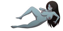 Rule 34 | 1girl, adventure time, barefoot, bite mark, breasts, colored skin, completely nude, feet, female focus, full body, grey skin, large breasts, marceline abadeer, mike inel, nude, pussy, red eyes, solo, uncensored, vampire