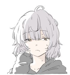 Rule 34 | 1girl, ahoge, cowlick, cropped shoulders, eyes visible through hair, furrowed brow, grey hair, grey hoodie, hand up, highres, hood, hood down, hoodie, looking to the side, magia record: mahou shoujo madoka magica gaiden, mahou shoujo madoka magica, miwa mitsune, orange eyes, portrait, python octopus, short hair, simple background, sleeves past wrists, solo, sweat, wavy mouth, white background