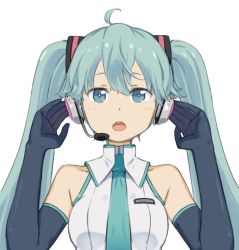 Rule 34 | 1girl, ahoge, black gloves, elbow gloves, gloves, green eyes, green hair, hatsune miku, headset, long hair, matching hair/eyes, necktie, open mouth, rakupi, simple background, solo, transparent background, twintails, vocaloid, white background