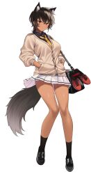 Rule 34 | 1girl, absurdres, animal ears, bag, black footwear, black hair, black shirt, cardigan, closed mouth, collared shirt, commentary request, dark skin, extra ears, hand in pocket, hands in pockets, highres, loafers, looking at viewer, miniskirt, necktie, original, pleated skirt, red eyes, school uniform, shirt, shoes, short hair, shoulder bag, simple background, skirt, socks, solo, tail, takunomi, white background, white skirt, yellow necktie