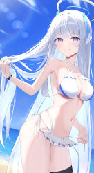 Rule 34 | 1girl, bare arms, bare shoulders, beach, bikini, blue archive, breasts, cleavage, closed mouth, cowboy shot, day, foforo, grey hair, halo, highres, large breasts, long hair, mechanical halo, navel, noa (blue archive), ocean, outdoors, purple eyes, smile, solo, swimsuit, thigh strap, white bikini