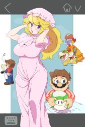 Rule 34 | 1-up mushroom, 1boy, 2girls, alternate costume, apron, arms behind head, blonde hair, blouse, book, bowser jr., bracelet, breasts, brown footwear, brown hair, covering face, crown, dress, earrings, facial hair, fang, flipping food, flower earrings, food, frying pan, gloves, hands up, hat, highres, holding, holding book, impossible clothes, jewelry, koopalings, large breasts, lemmy koopa, long hair, long sleeves, looking away, looking to the side, mario, mario (series), mob cap, multicolored hair, multiple girls, multiple views, mushroom, musical note, mustache, nightgown, nintendo, nm qi, no gloves, no headwear, no headwear, open book, open mouth, orange dress, parted lips, pink lips, princess daisy, princess peach, red shirt, shirt, shoes, sleepwear, spiked bracelet, spikes, stuffed toy, super mario bros. 1, super mario land, under covers, white gloves