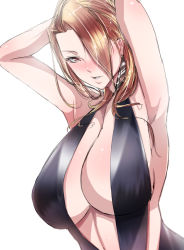 Rule 34 | 1girl, arm behind head, armpits, blonde hair, blush, breasts, center opening, character request, cleavage, copyright request, dress, earrings, female focus, hair over one eye, highres, huge breasts, jewelry, long hair, ogura anko, red eyes, simple background, solo, standing, upper body, white background