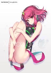 Rule 34 | 1girl, artist name, barefoot, black one-piece swimsuit, breasts, competition swimsuit, copyright name, earrings, feet, gradient background, grey background, hong (white spider), jewelry, legs, looking at viewer, medium breasts, nail polish, nintendo, one-piece swimsuit, patreon username, pyra (pro swimmer) (xenoblade), pyra (xenoblade), red eyes, red hair, short hair, signature, solo, swimsuit, tiara, xenoblade chronicles (series), xenoblade chronicles 2