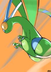 Rule 34 | alternate color, artist name, bright pupils, claws, closed mouth, commentary request, creatures (company), flygon, game freak, gen 3 pokemon, highres, looking down, nintendo, no humans, ora (oraora oekaki), orange background, pokemon, pokemon (creature), shiny pokemon, solo