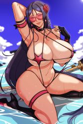Rule 34 | 1girl, absurdres, alecto 0, bare shoulders, beach, black gloves, blue sky, breasts, choker, cleavage, collarbone, earrings, elbow gloves, fate/grand order, fate (series), fingerless gloves, flower, gloves, hair flower, hair ornament, highres, jewelry, katana, large breasts, long hair, looking at viewer, mature female, minamoto no raikou (fate), navel, one-piece swimsuit, parted bangs, pink one-piece swimsuit, pink slingshot swimsuit, purple eyes, purple hair, single glove, sitting, skindentation, sky, slingshot swimsuit, smile, solo, star-shaped bikini, sunglasses, swimsuit, sword, very long hair, wariza, weapon