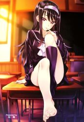 Rule 34 | 1girl, absurdres, arm support, barefoot, black hair, black serafuku, blush, breasts, classroom, convenient leg, desk, feet, finger to mouth, hairband, highres, indoors, itou misaki, kneehighs, leg up, long hair, long legs, long sleeves, looking at viewer, matsuryuu, medium breasts, on desk, original, outstretched foot, outstretched leg, purple eyes, scan, school, school desk, school uniform, serafuku, shirt, single sock, sitting, on desk, skirt, skirt set, smile, socks, solo, toes, very long hair