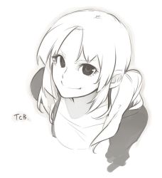 Rule 34 | 1girl, eyelashes, from above, greyscale, grin, hair over shoulder, long hair, looking at viewer, md5 mismatch, monochrome, original, poaro, ponytail, raglan sleeves, resized, shirt, simple background, smile, solo, upper body, white background