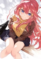 Rule 34 | 1girl, absurdres, bare legs, between legs, black skirt, blue eyes, blush, breasts, briefcase, brown jacket, commentary request, dutch angle, feet out of frame, from above, go-toubun no hanayome, hair between eyes, hair ornament, hand between legs, highres, jacket, knees together feet apart, large breasts, long sleeves, looking at viewer, looking up, miniskirt, nakano itsuki, off shoulder, open clothes, open jacket, red hair, school briefcase, sitting, skirt, solo, star (symbol), star hair ornament, sweater, to gemichi, yellow sweater